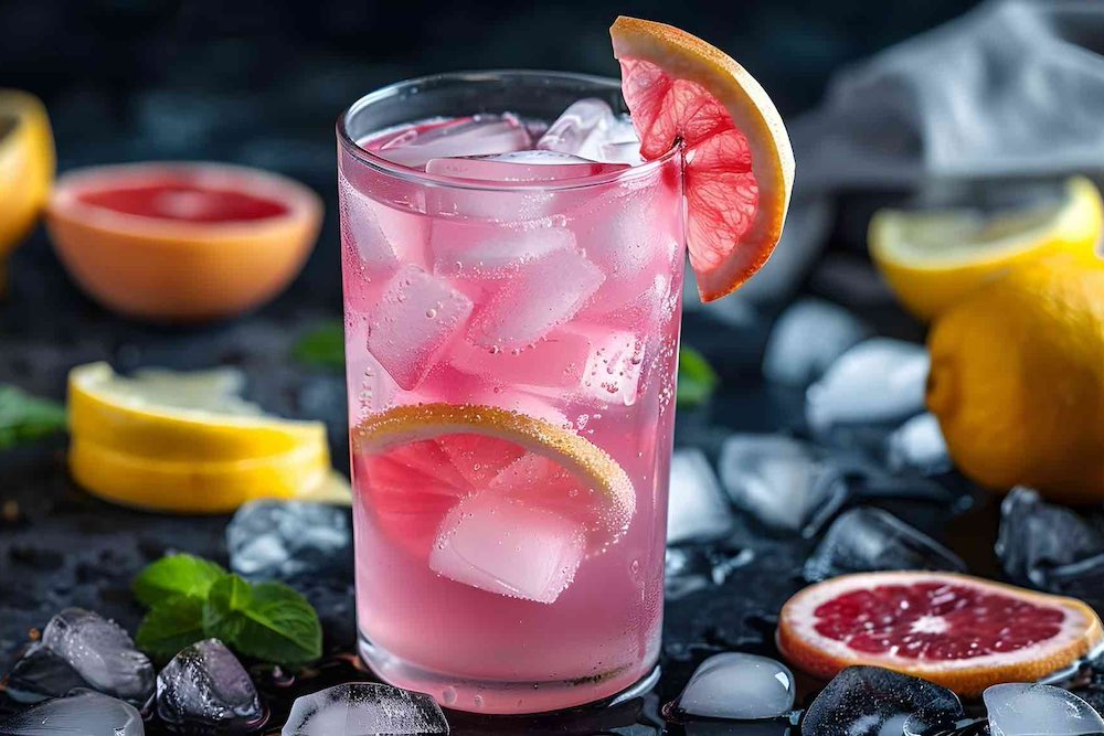 pink lemonade in tall glass with lemon slices and grapefruit on dark background